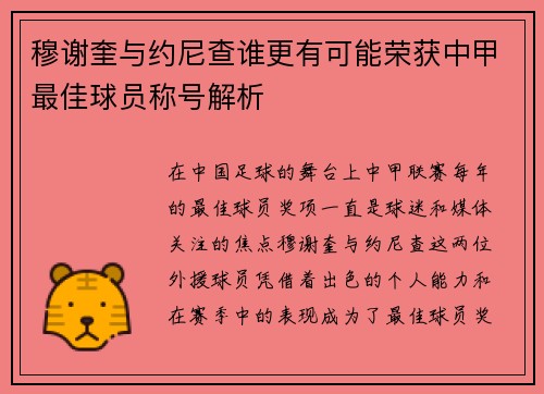 穆谢奎与约尼查谁更有可能荣获中甲最佳球员称号解析